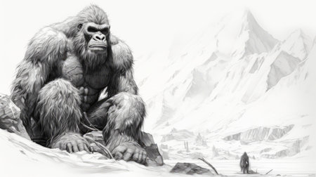 a green gorilla stands amidst a group of humans in a captivating drawing. the artwork is inspired by the distinct style of frostpunk, featuring ambient occlusion and bold character designs. the gorilla is set against the backdrop of northern china's terrain, with spiky mounds in shades of white and gray. the image is rendered in ultra hd, showcasing intricate details. ai generatedの素材