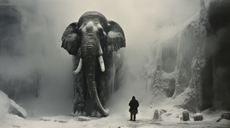 an elephant stands majestically in the snow, captured in a mesmerizing matte painting style. the large-scale portrait showcases the monumental figure against layered and atmospheric landscapes. the use of rollei prego 90 camera enhances the mysterious jungle setting, while photo-realistic techniques bring the image to life. ai generatedの素材