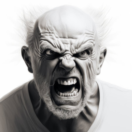 an angry old man with white teeth is depicted in this aggressive digital illustration. the style of the artwork is reminiscent of artists such as dariusz klimczak, tony orrico, and ivan albright. the image features spiky mounds and overexposure, adding to the intensity of the composition. comic art influences can also be observed in this striking portrayal. ai generatedの素材