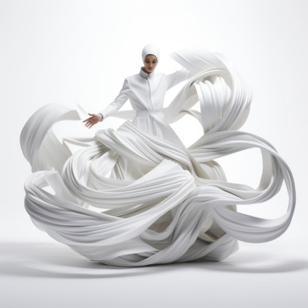 a person sitting on a giant white paper curl on a white background, showcasing orientalist influences. the photo, reminiscent of national geographic, is rendered in cinema4d. the person is adorned in sculptural costumes, featuring flowing fabrics and intertwining materials. the image captivates with its clean lines, pure forms, and artistic portrayal. ai generatedの素材