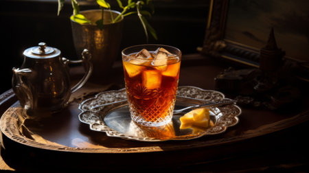 a tea light tray, in the style of tokina opera 50mm f14 ff, is placed on a table alongside a glass container. the tray features a dark amber and silver color scheme, reminiscent of the intricate and detailed artworks by lovis corinth, adam elsheimer, and ferdinand knab. this composition evokes a sense of romanticized nostalgia. ai generatedの素材