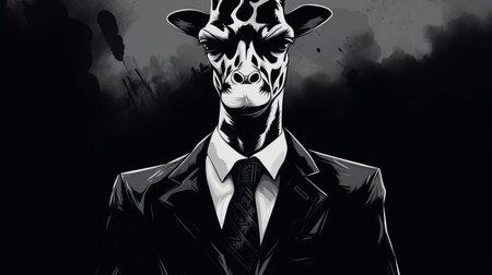 a man in a business suit stands next to a giraffe with a big nose. the photo captures a film noir aesthetic with its dark realism and bold, manga-inspired characters. the graphic novel art style is enhanced by the dark gray and white color scheme. the background features illusory wallpaper portraits, adding a touch of intrigue to the overall composition. ai generatedの素材