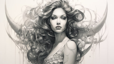 a female figure with dragon wings and surrounded by horns, depicted in a realistic and hyper-detailed portrait style. the artwork showcases fluid and flowing lines, intricate pencil work, and airbrush art techniques. the composition also features naturalistic ocean waves and serene faces, with blink-and-you-miss-it details adding to its overall allure. ai generatedの素材