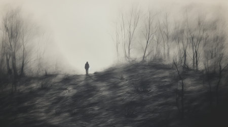 a dark and foggy forest captured by tsutsumi yasuyuki shinokawa, featuring the artist's signature style of figurative drawings. this monochromatic minimalist portrait draws inspiration from artists such as doug hyde, tami bone, and leon spilliaert, showcasing desolate landscapes and a captivating brushwork exploration. ai generatedの素材