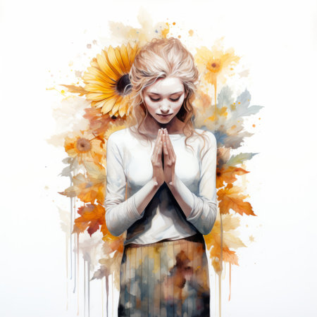 a woman, inspired by the artistic styles of artgerm, martin rak, and camilla d'errico, is captured in a photo as she prays. clutching a beautiful arrangement of yellow, orange, and white flowers, she creates a stunning visual contrast against the light-filled, watercolor-washed backdrop. this image beautifully combines layered portraits and washed-out, ethereal aesthetics. ai generatedの素材