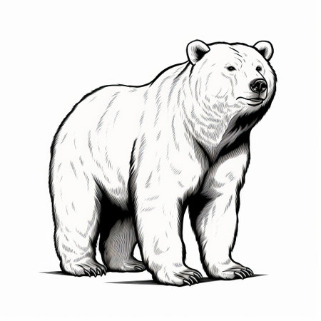 a polar bear, depicted in a noir comic art style, stands on a white background. this hyper-realistic animal illustration showcases the bear's majestic presence. the animated gif format adds movement to the image, while the heavy inking and grainy texture enhance the dramatic effect. the illustration also incorporates the use of rtx technology for a visually stunning portrayal. ai generatedの素材