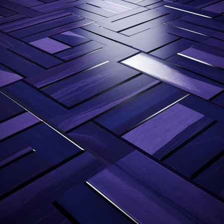fancy purple squares on the floor, featuring physically based rendering with metallic rectangles. the dark blue and indigo colors create a striking contrast against the layered veneer panels. the bold, cartoonish lines add a unique touch to the design, while the contrasty lighting beautifully mimics the appearance of ruined materials. ai generatedの素材