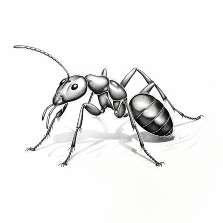 a black and white drawing of a realistic ant, showcasing precise contour shading and elegant inking techniques. this cartoon realism artwork, rendered in maya, captures the playful character of the ant with a focus on light and color usage. the style exhibits elements of precisionism, creating a visually striking and detailed illustration. ai generatedの素材