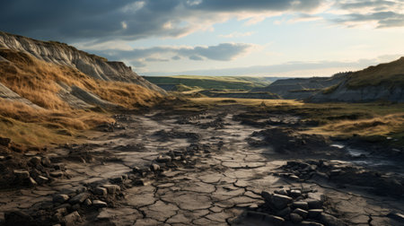 valley with hills on the field, featuring post-apocalyptic backdrops and melting pots. captured using the hasselblad h6d-400c, this uhd image showcases crystalline and geological forms amidst a burned and charred landscape. the scene exudes a unique prairiecore aesthetic, blending natural elements with a sense of desolation and transformation. ai generatedの素材