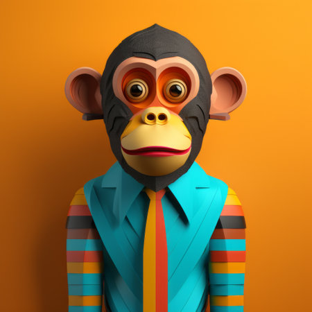 a 3d model of a monkey wearing a blue shirt, featuring bold lines and vivid colors. the style is reminiscent of minimalistic portraits by caras ionut, with eye-catching composition and colorful costumes. the monkey stands out against a dark orange background, with accents of dark beige and yellow. ai generatedの素材