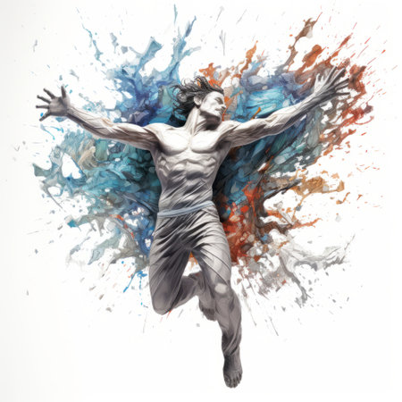 a human dancing in white sand with white watercolor paint splashes on a white background. this artwork showcases fluid color combinations, highly detailed figures, and vibrant murals. rendered in cinema4d using photo-realistic techniques, it captures acrobatic self-portraits in a faith-inspired art style. ai generatedの素材