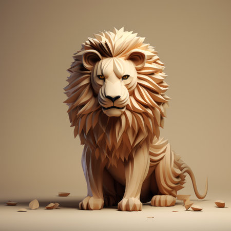 3d wooden model of a lion in a tree, featuring pieces of wood on it. inspired by the style of mike dargas, this sculpture showcases simplistic characters and a speedpainting technique. the light white and white color scheme adds a touch of elegance. reminiscent of the works of reuben nakian, this carving beautifully depicts animals. ai generatedの素材