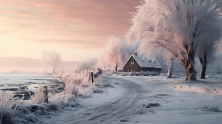 the frost-covered trees and buildings create a captivating winter landscape, featuring a blend of light pink and dark gray hues. this dutch landscape showcases ethereal images, embodying the charm and idyllic essence of rural scenes. with a realistic rendering, this national geographic photo captures the beauty of cabincore aesthetics. ai generatedの素材