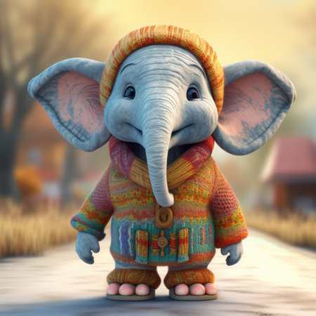 the elephant is adorned in a vibrant sweater and blanket, showcasing the artistic style of john wilhelm and aykut aydogdu. with meticulous linework precision reminiscent of animated film pioneers, this thai art-inspired creation rendered in cinema4d captures the charm and whimsy of these charming characters. ai generatedの素材