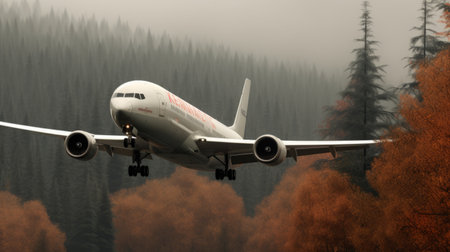 a small plane gracefully soars through the atmospheric woodland, captured in a hyper-realistic style of portraiture. the light gray and red hues of the aircraft blend harmoniously with the norwegian nature surrounding it. this captivating photograph, a contest winner, exudes a warmcore essence that would befit the pages of national geographic. ai generatedの素材