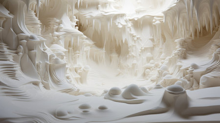 the photo showcases a mesmerizing display of white sculptures, resembling digital fantasy landscapes. the technique of focus stacking has been employed to create realistic landscapes with soft, tonal colors. the sculptures appear to be made of crystals, exuding a light white and light beige hue. the composition of the photo is highly detailed, capturing the intricate beauty of the scene. ai generatedの素材