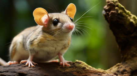 small mouse with large ears standing near a mossy tree stump in the forest. the photo captures the innovative techniques of sofonisba anguissola and dazecore, with the mouse's shiny eyes drawing attention. the scene evokes the singular focus depicted in the works of hans memling, while the smooth and shiny textures add depth to the composition. ai generatedの素材