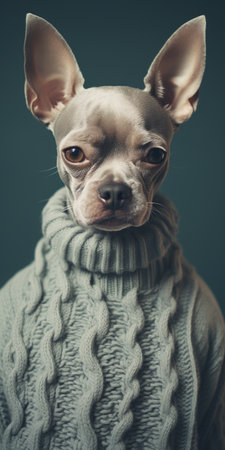 a dog wearing a sweater, captured in a close-up shot with a retro filter. the muted tones of dark beige and aquamarine add a surrealistic touch to this elegant and emotive portrait. the photographically detailed portrayal showcases the dog's expressive face, while the shallow depth of field creates a captivating focus on the subject. ai generatedの素材