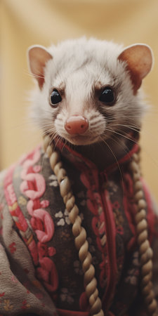 a little fuzzy creature, dressed in a traditional costume, is captured in a soft-focus portrait. the light beige and magenta colors add to the normcore and post-internet aesthetics of the image. the photograph showcases the beauty of norwegian nature, with an artistic touch inspired by escher. this unique composition can be found on flickr, showcasing the creativity and imagination of the photographer. ai generatedの素材