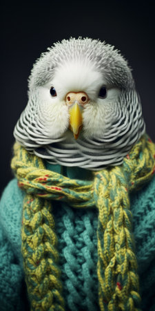 a pigeon, captured in a conceptual portraiture style, is seen wearing a cute and colorful blue sweater. the light green and gray background adds a touch of uniqueness to this national geographic photo. this adorable bird, wrapped in its cozy attire, showcases the artistic vision of alpo jaakola, creating a whimsical and eye-catching image. ai generatedの素材