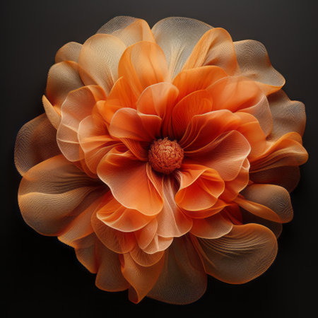 an orange flower, captured in a photorealistic composition, stands out against a striking black background. the image showcases the unique style of dimensional multilayering and organic sculpting, reminiscent of japanese photography. the flower's vibrant color contrasts beautifully with the dark backdrop, creating a visually captivating scene. the use of flowing fabrics adds an element of elegance and movement to this stunning floral artwork. ai generatedの素材