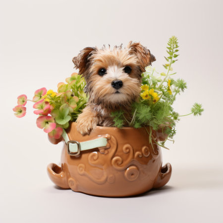 small breed of dog with leaves and flowers in a pot, captured in the style of japanese photography. this light brown and green image showcases the intricate details of the toyism art movement. the textured expressions of the dog and the sharp, prickly elements create a unique visual representation of american consumer culture. ai generatedの素材