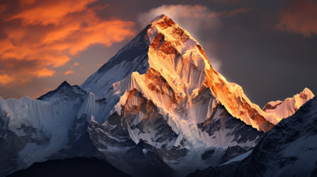 a high-resolution wallpaper featuring a stunning mountain sky at sunset, inspired by the style of himalayan art. created by mike campau, this artwork showcases realistic details and sharp attention to iconic elements. the captivating beauty of this piece is truly breathtaking, with a warm and enchanting light amber hue. ai generatedの素材