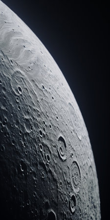 moon craters, captured in an 8k resolution photograph, showcase intricate details resembling texture-rich, spherical sculptures. the image features a spacecraft and an astronomical instrument, adding a sense of scale and scientific exploration. elsa bleda's clean and sharp inking technique beautifully highlights the varied textures of the moon's surface, with a striking combination of light silver and light black tones. ai generatedの素材