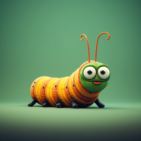 a 3d animation featuring a quirky caterpillar set against a vibrant green background. inspired by the artistic styles of bill gekas and caras ionut, the animation showcases charming character designs with a mix of light yellow and dark orange hues. captured through a medium format lens, the curvilinear visuals bring the characters to life in a captivating and enchanting way. ai generatedの素材