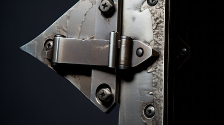 metal door latch in the style of michal karcz and aleksi briclot. this closeup captures the cracked texture and industrial angles, reminiscent of gothic revival. the studio light enhances the dark composition, creating a captivating and atmospheric image. ai generatedの素材
