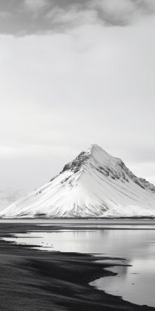 iceland landscape at low tide, captured with a nikon af600, showcases the grandeur of scale in a minimalistic monochromatic graphic design style. the light white and light silver tones enhance the mountainous vistas and snow scenes, creating a captivating visual experience. ai generatedの素材