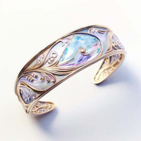 a stunning gold and silver beluga cuff bracelet adorned with turquoise, pearl, and intricate gold designs. this exquisite piece is inspired by the works of viktor vasnetsov and artgerm, featuring a beautiful stained glass effect with photorealistic details. the delicate curves and fine lines, rendered in cinema4d, create a captivating and elegant accessory in light violet and light pink hues. ai generatedの素材