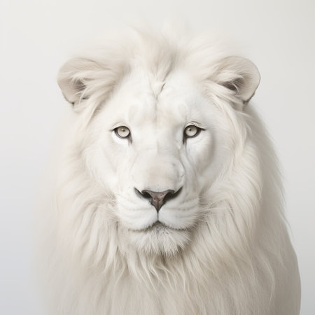 a white lion, captured with a hasselblad 1600f camera, stands gracefully against a white background. this evocative environmental portrait showcases the lion's elegant and emotive face in captivating color photography. the close-up shot highlights the unpolished authenticity of the lion, creating a visually compelling and captivating storytelling experience. ai generatedの素材