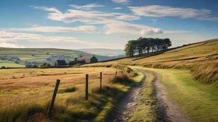 a dirt and grass road winds its way on top of a mountain, reminiscent of traditional british landscapes. the light teal and light amber hues create a serene atmosphere in this pastoral setting. the vernacular architecture adds to the charm of the scene. captured with the zeiss batis 18mm f2.8 lens, this award-winning photograph showcases swirling vortexes of natural beauty. ai generatedの素材