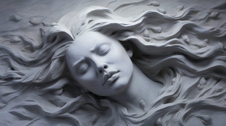 an artificial sculpture of a woman's neck and face, in the style of fluid landscapes, showcases realistic fantasy artwork. the sculpture, adorned in white and gray tones, is placed on a bed, evoking a sense of elegance. the emotive face and flowing textures of the sculpture create a captivating visual experience, reminiscent of beach portraits. this artwork is a stunning example of speedpainting. ai generatedの素材