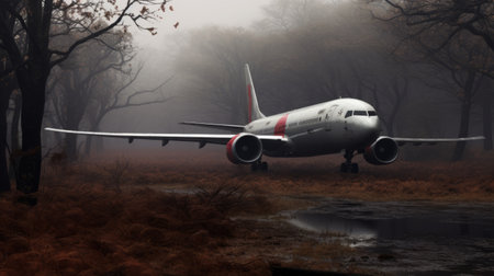 an airplane gracefully glides down the runway amidst a serene woodland setting. this captivating photograph, inspired by the renowned artist mike campau, showcases a striking combination of dark silver and light red tones. the meticulous attention to detail creates a photorealistic masterpiece, enhanced by a misty atmosphere that adds an eerie yet realistic touch. shot with a hasselblad 1600f, this image is a true testamentの素材