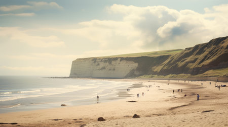 the photo showcases the stunning brown and white cliffs, reminiscent of traditional british landscapes. the cross-processing technique adds a unique touch, enhancing the beach portraits and creating a dutch genre scene vibe. with soft pastel skies and a depiction of everyday life, this national geographic photo captures the beauty of nature and human interaction harmoniously. ai generatedの素材