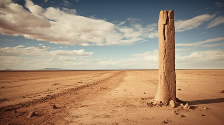 a wooden post stands alone in the vastness of a barren desert, reminiscent of the artistic styles of jean cocteau, science-fiction landscapes, mary fedden, and martin stranka. this image evokes a sense of environmental awareness and the imposing monumentality of nature. (keywords: wooden post, isolated, barren desert, jean cocteau, science-fiction lands, mary fedden, martin stranka, environmental awareness, imposing monumentality), ai generatedの素材