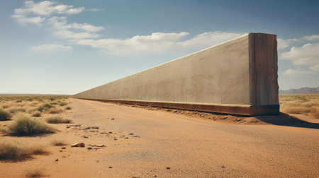 federal construction of the southwest border wall, showcasing a conceptual minimalism style. the smooth surface and photorealistic surrealism capture the essence of the australian landscape. the flattened perspective emphasizes the polished concrete material, which is light brown in color, contrasting beautifully with the sky-blue backdrop. ai generatedの素材