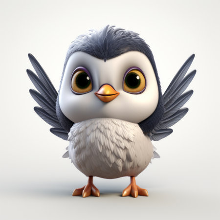 a cartoon bird with wings, created in the style of vray tracing, is depicted in this image. the bird is light white and gray in color, showcasing the artistic touch of john wilhelm. the character's elegant and emotive faces are captured beautifully, while the use of back button focus adds depth to the composition. this artwork also incorporates elements of babycore and draws inspiration fromの素材