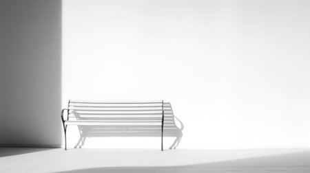 a pair of black and white wrought iron benches, captured in a light-filled space. the photo showcases a conceptual minimalism style with a touch of color field minimalism. taken with a nikon d750 and tokina opera 50mm f/1.4 ff lens, the image features a white floor and a backlight effect. ai generatedの素材