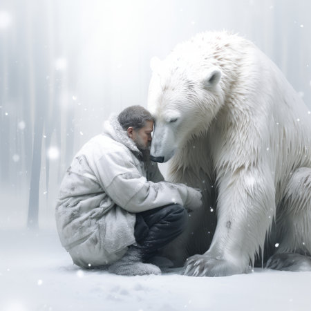 a white polar bear stands in a winter landscape in edmonton, captured in the style of a matte painting. this image evokes a sense of fantasy with its inclusion of imaginative characters and human connections. the detailed atmospheric portrait of the bear creates a realistic yet romantic ambiance. shot with a konica big mini, this photograph beautifully combines the realms of reality and imagination. aiの素材