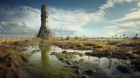 a tree stump submerged in muddy waters near a serene pond, resembling post-apocalyptic ruins. this captivating national geographic photo showcases the haunting structures amidst tropical landscapes. created using cinema4d, it captures the essence of industrialization and offers a panoramic view of a world transformed. ai generatedの素材