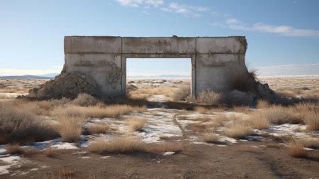 an old industrial metal structure stands tall amidst the vast desert landscape, showcasing the mastery of panel composition. this concrete structure embodies elements of prairiecore and juxtaposed elements, evoking a sense of romantic ruins in rural america. surrounded by rectangular fields, it serves as a captivating reminder of the area's industrial past. ai generatedの素材