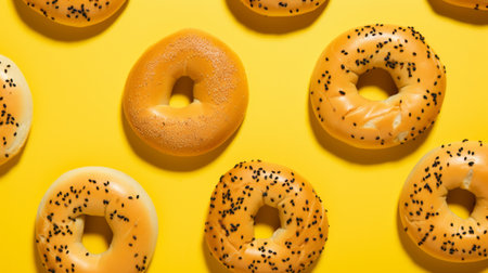 a bagel with sesame seeds is showcased in this stock photo on a vibrant yellow background. the image, in the style of creative commons attribution, features a combination of light orange and dark gray tones. the composition is influenced by artists such as ed freeman and dan witz, as well as the typologies of the bechers. the color-blocked textiles and bold, black lines add visualの素材