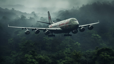 a commercial jet, in the style of hyper-realistic portraits, is seen flying above a forest on a cloudy day. this artwork, inspired by the indonesian art movement called "tanbi kei," incorporates elements of matte painting and photo-realistic techniques. the composition showcases a contrast between the light green of the forest and the dark crimson hues of the sky, reminiscent of the quito school. ai generatedの素材
