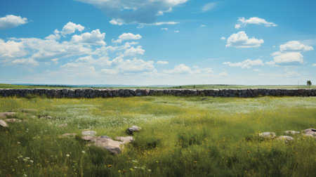 rocks and bushes create a scenic landscape under a cloudy blue sky, capturing the essence of prairiecore. this photograph, reminiscent of taylor wessing's style, showcases a celebration of rural life with its light green and white hues. the monumental murals in the background add a digitally enhanced touch to this spectacular backdrop. ai generatedの素材