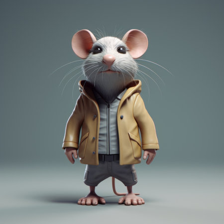 a 3d stock image of an animator rat in street style realism. the image showcases childlike simplicity and moody colors, with clean and simple designs. the rat is captured in a studio portrait, wearing a stylish costume design. playful still-lifes add an extra touch of creativity to the overall composition. ai generatedの素材