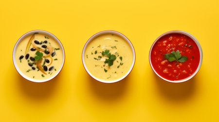four small bowls of different sauces, featuring bold and vibrant colors in the style of joel robison. these sauces, ranging from yellow to red, add a pop of youthful energy to the minimalist backgrounds. a true innovation in stereotype photography, these cheese-based creations showcase robison's mastery of bold saturation. ai generatedの素材