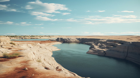 a water trough and a hill view up over a canyon, rendered in cinema4d, showcasing a light turquoise and beige color palette. this photobashing artwork captures the essence of new american color photography, combining calm waters and dramatic landscapes. the aerial view adds a unique perspective to this visually stunning composition. ai generatedの素材